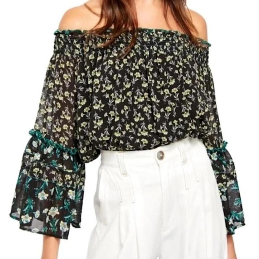 Free People Black Floral Off-Shoulder Blouse with Teal Trim